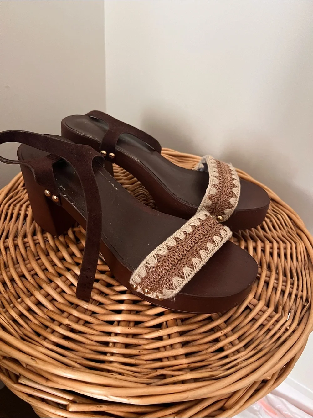 Brown Crochet Strap Platform Sandals